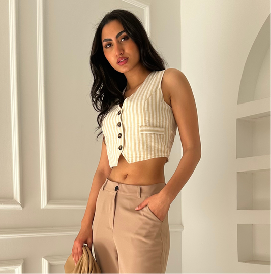 Striped Sleeveless Linen Vest with Wide Stripes