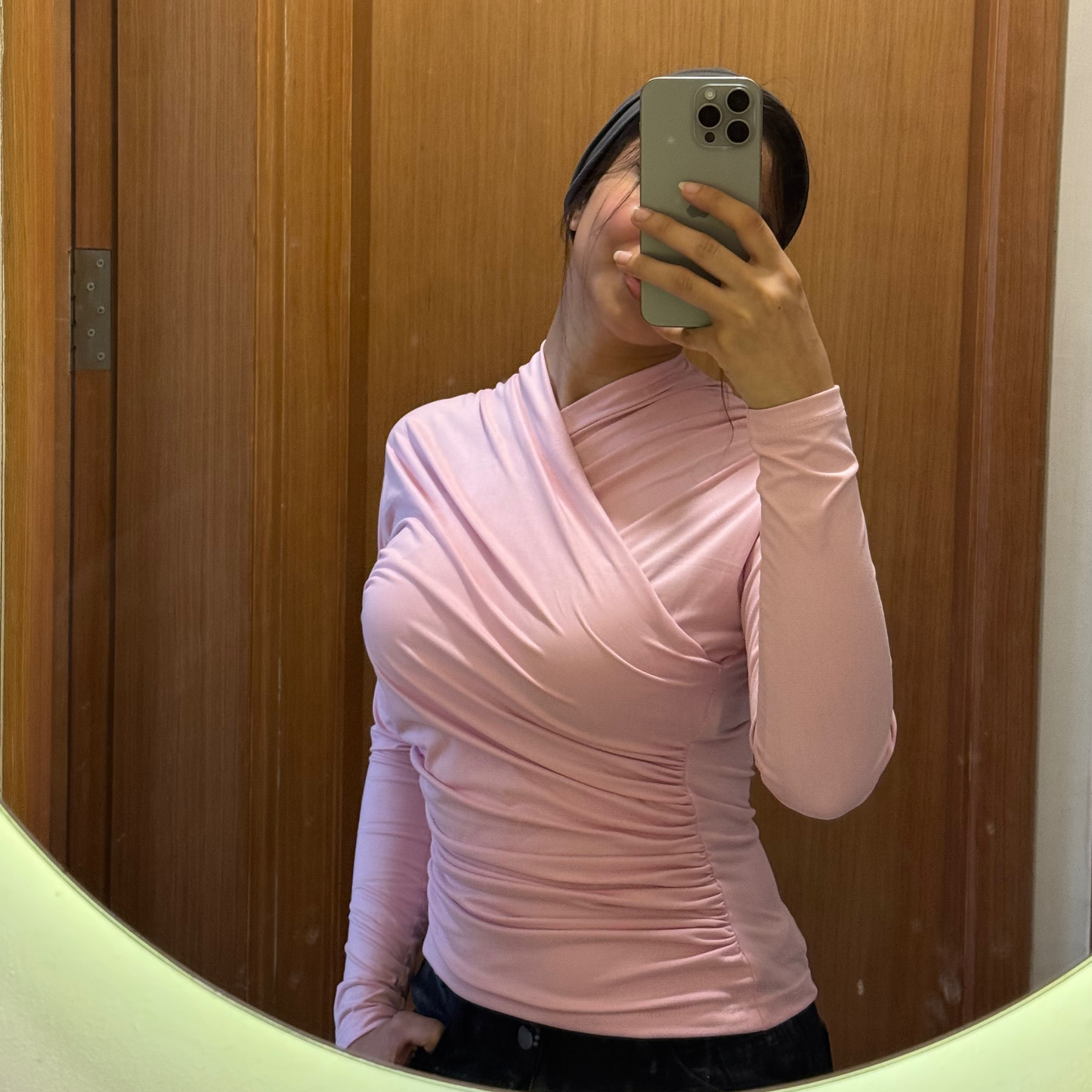 Rose pink long sleeves wrap top(NEW)