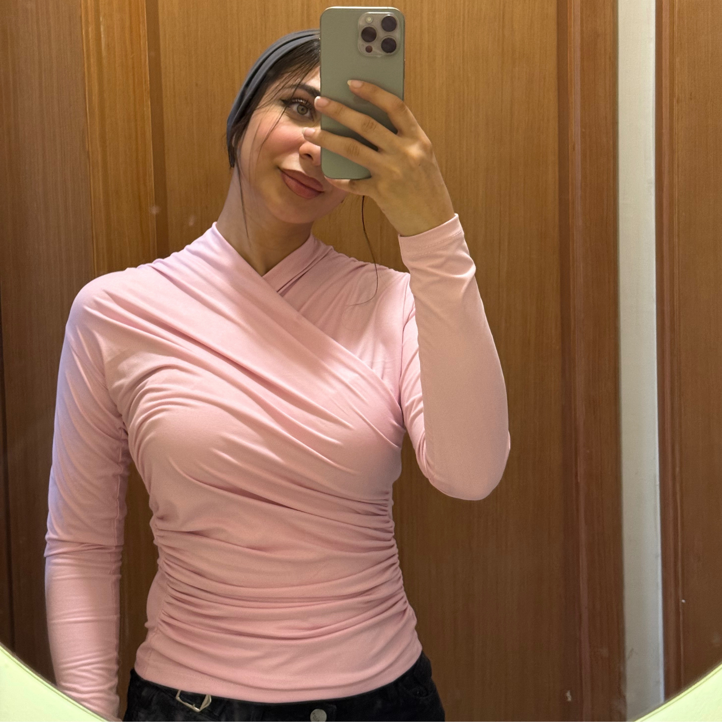 Rose pink long sleeves wrap top(NEW)