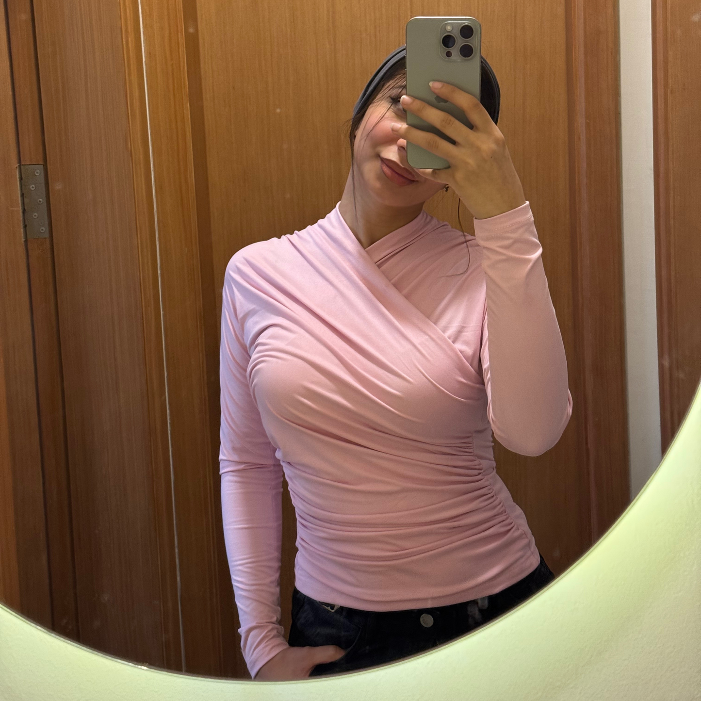 Rose pink long sleeves wrap top(NEW)
