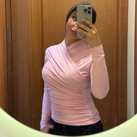 Rose pink long sleeves wrap top(NEW)