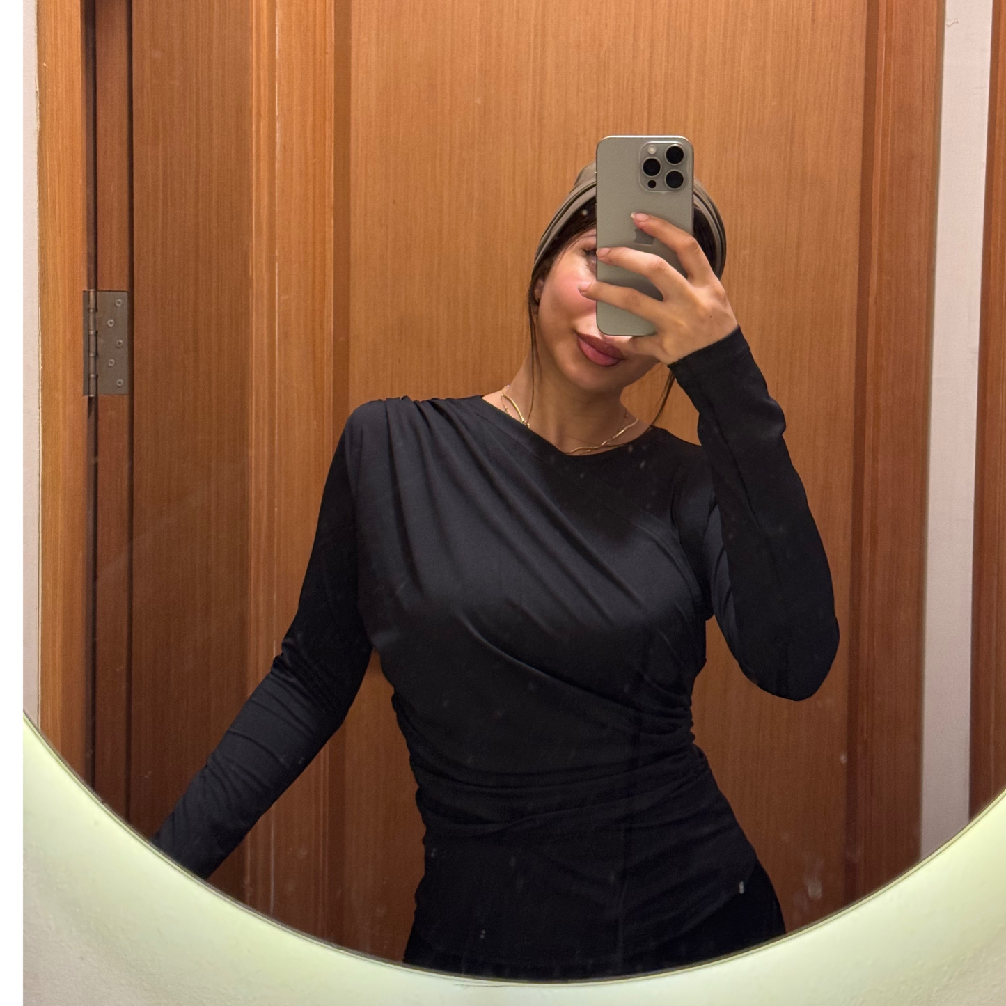 Mock neck Black Ruched long Sleeves Top