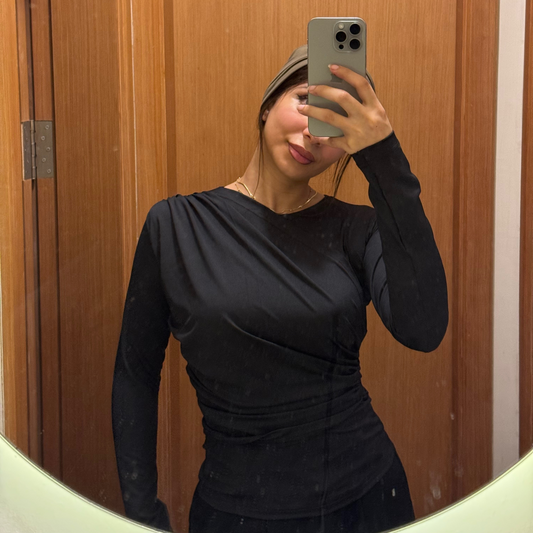 Mock neck Black Ruched long Sleeves Top