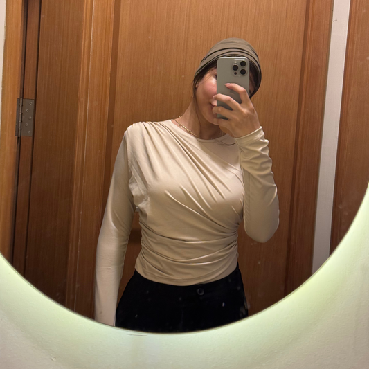Mock neck Beige Ruched long Sleeves Top