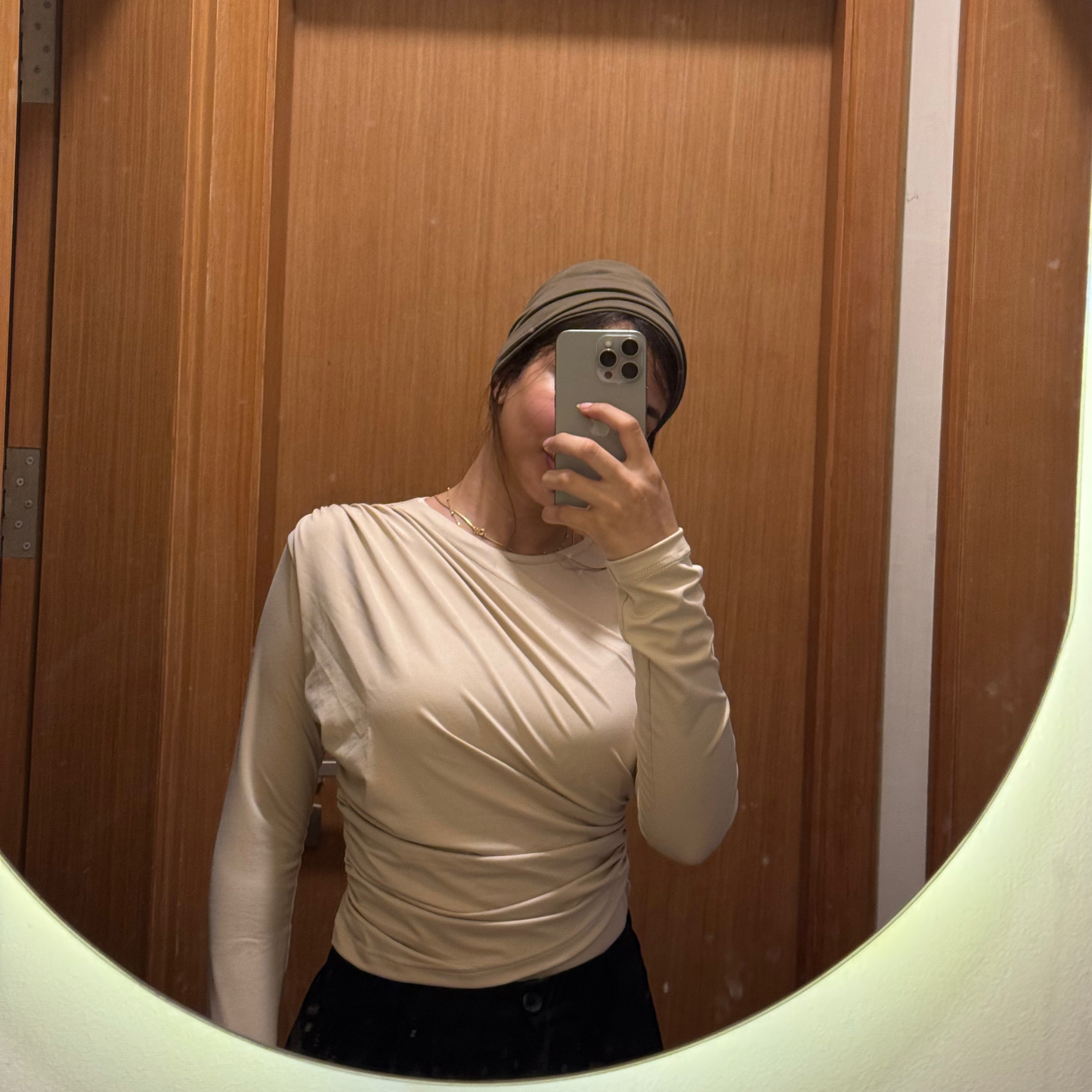 Mock neck Beige Ruched long Sleeves Top
