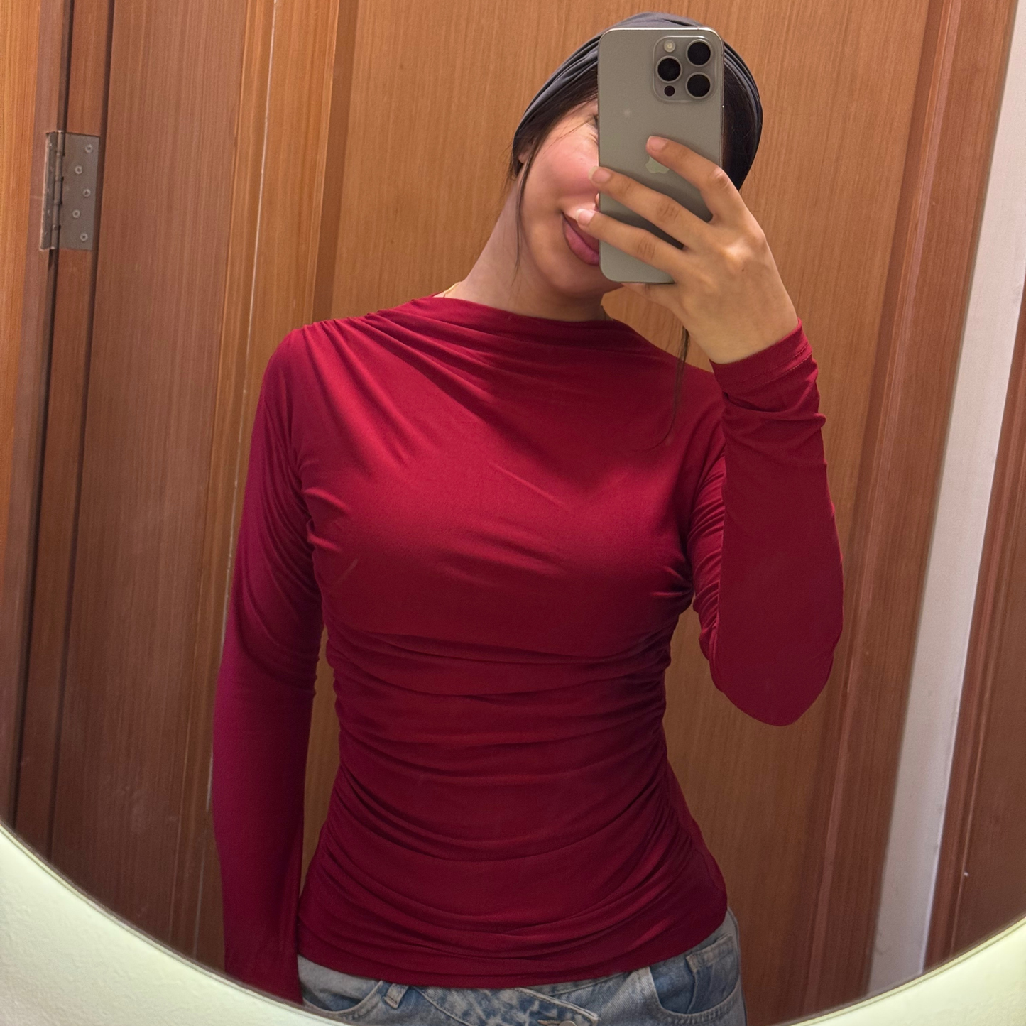 Burgundy gathered mock-neck fitted top