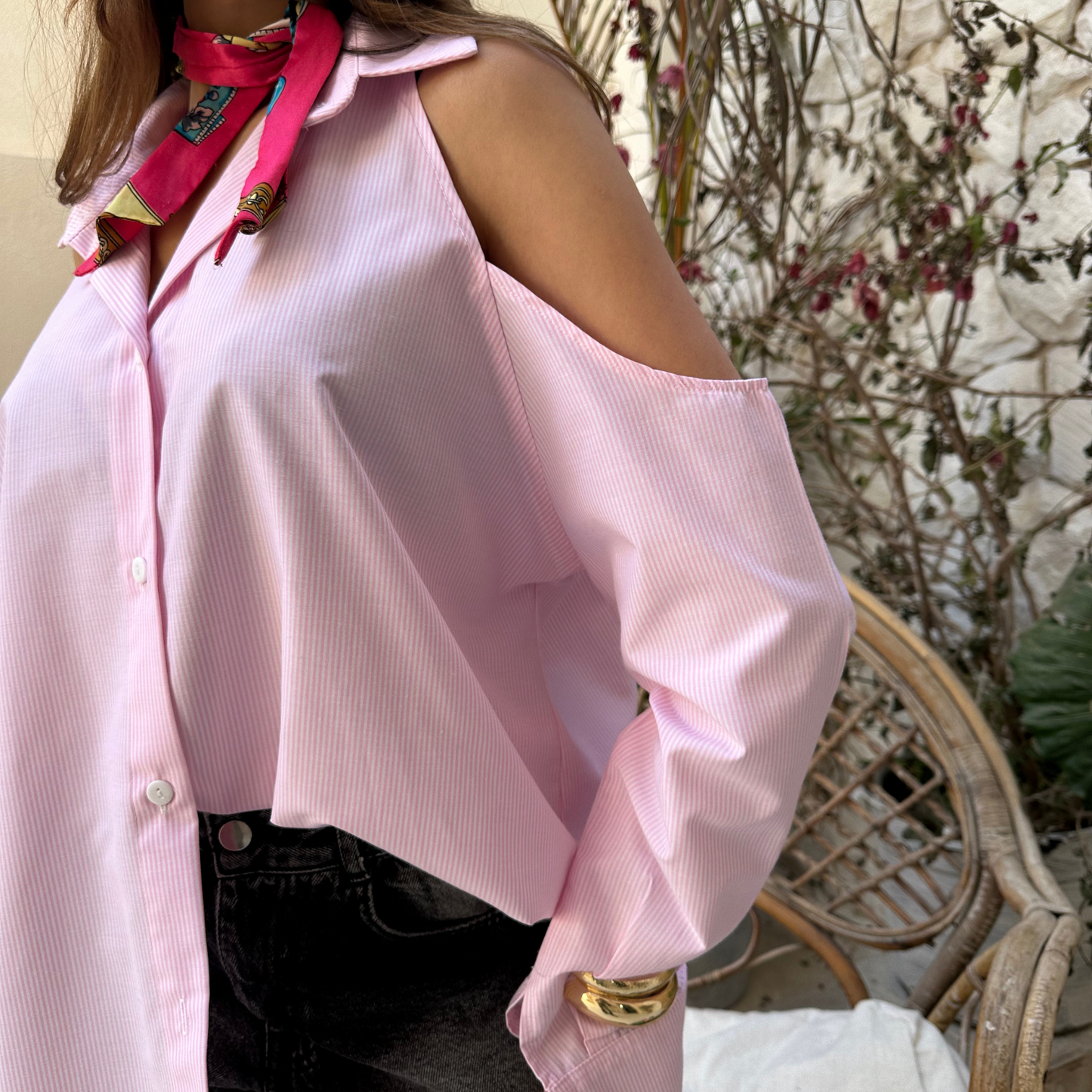 Off shoulder striped pink blouse
