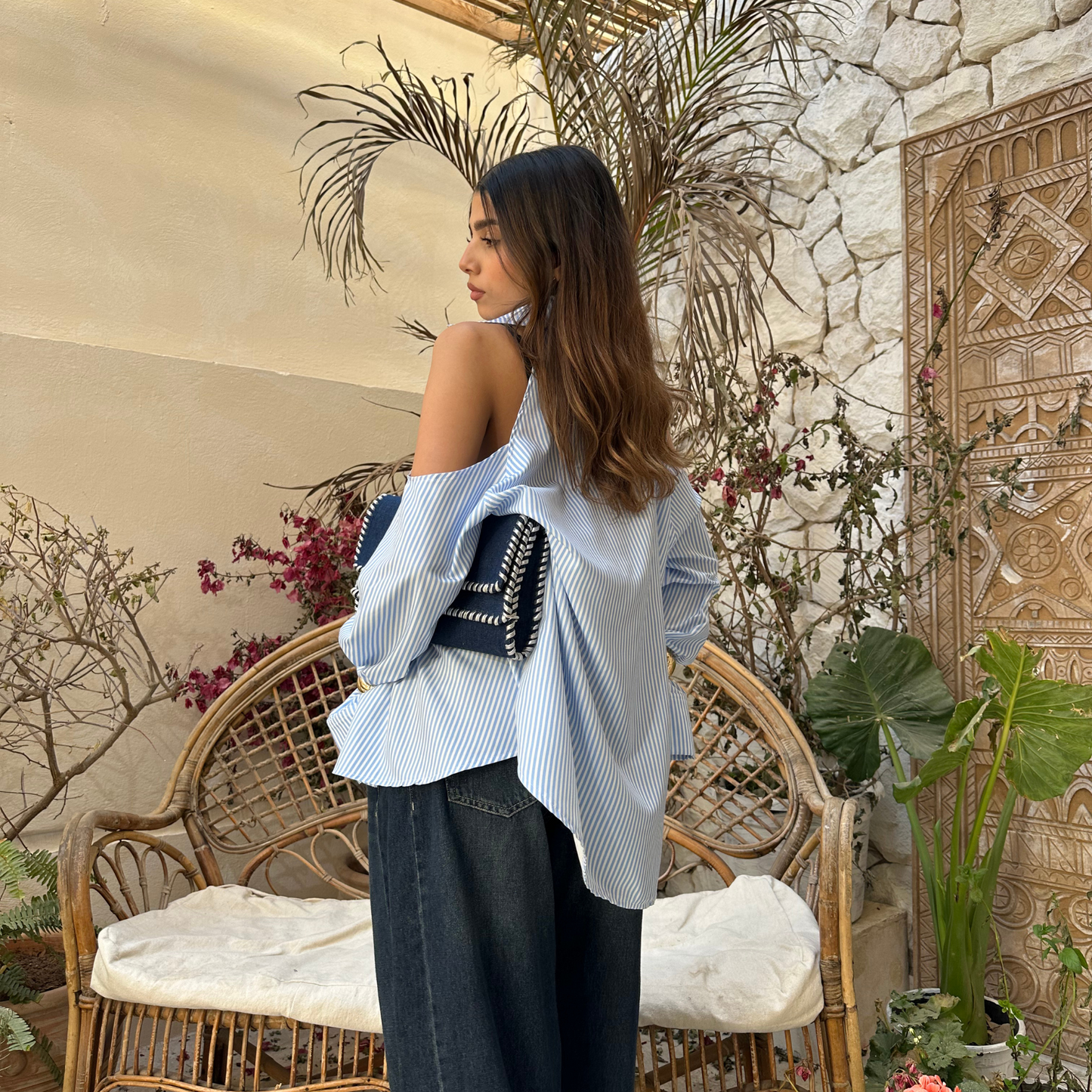Off shoulder blue striped blouse