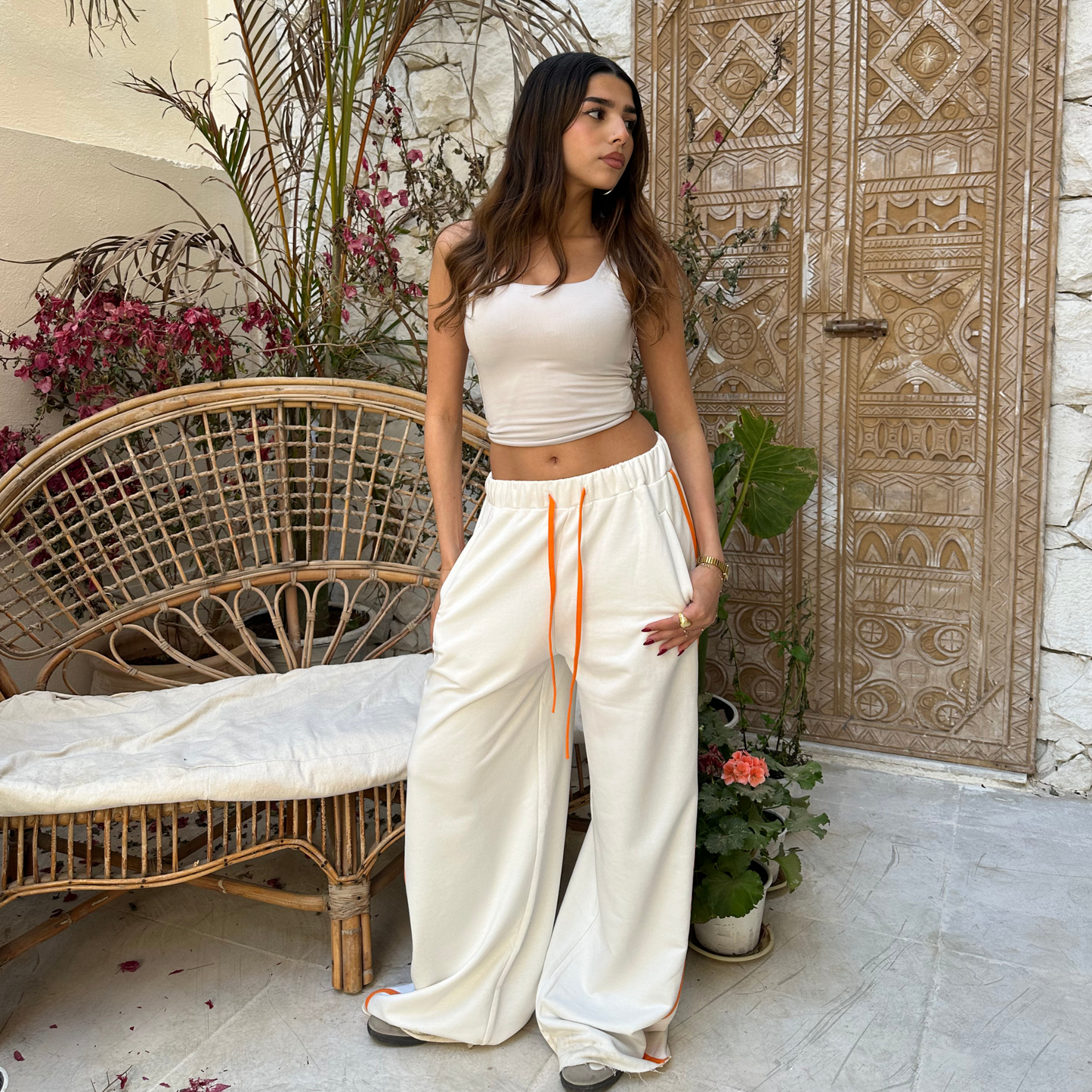 Summer sporty white wide leg pants with Orange  stripes