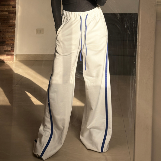 Summer sporty white wide leg pants with blue stripes