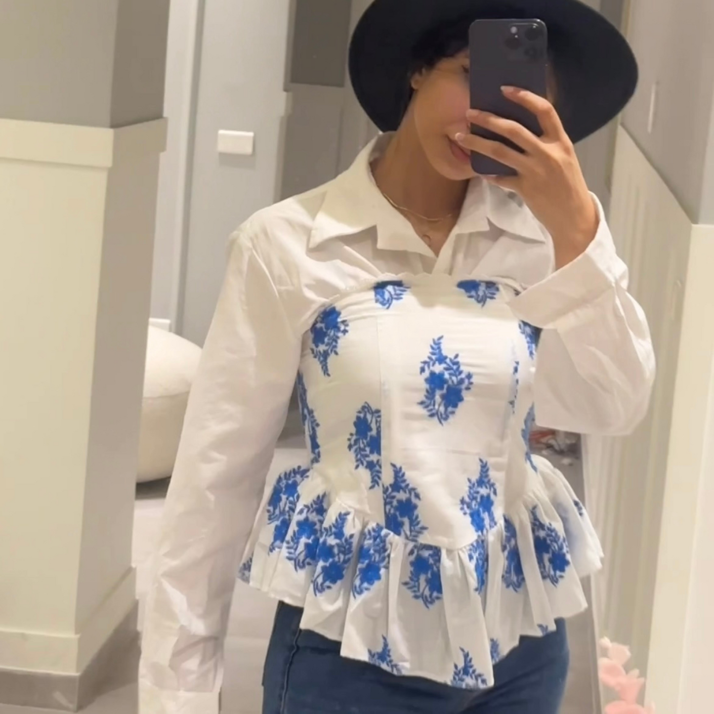 Blue Ruffled floral strapless blouse