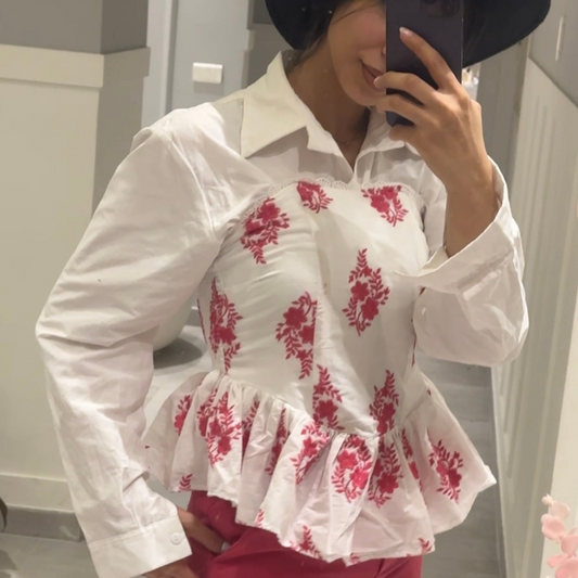 Pink Ruffled floral strapless blouse