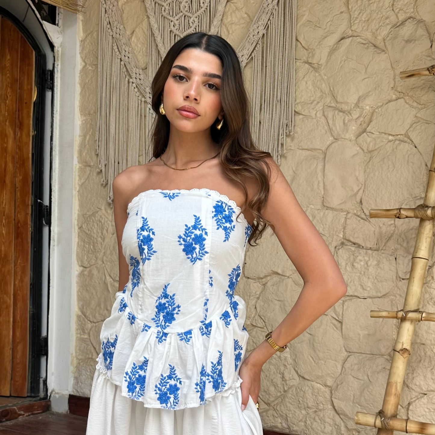 Blue Ruffled floral strapless blouse