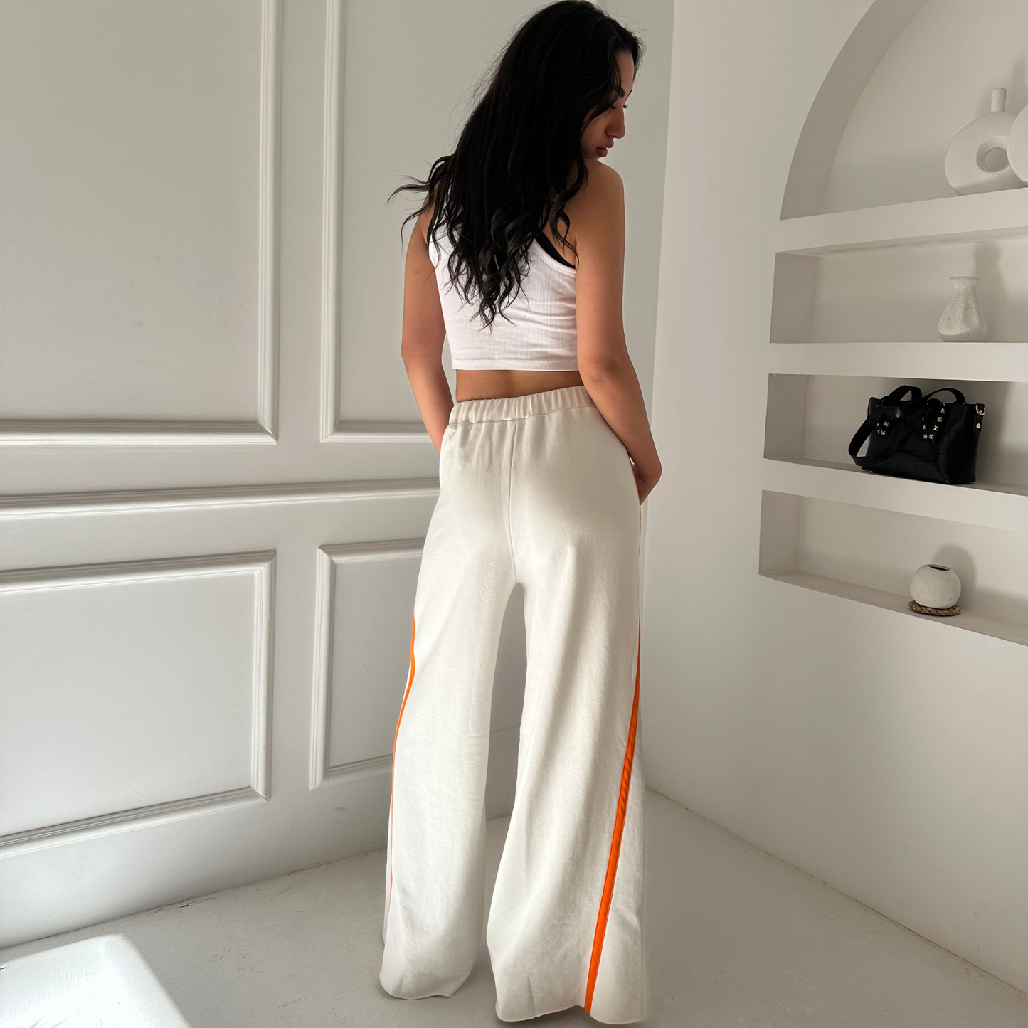 Summer sporty white wide leg pants with Orange  stripes