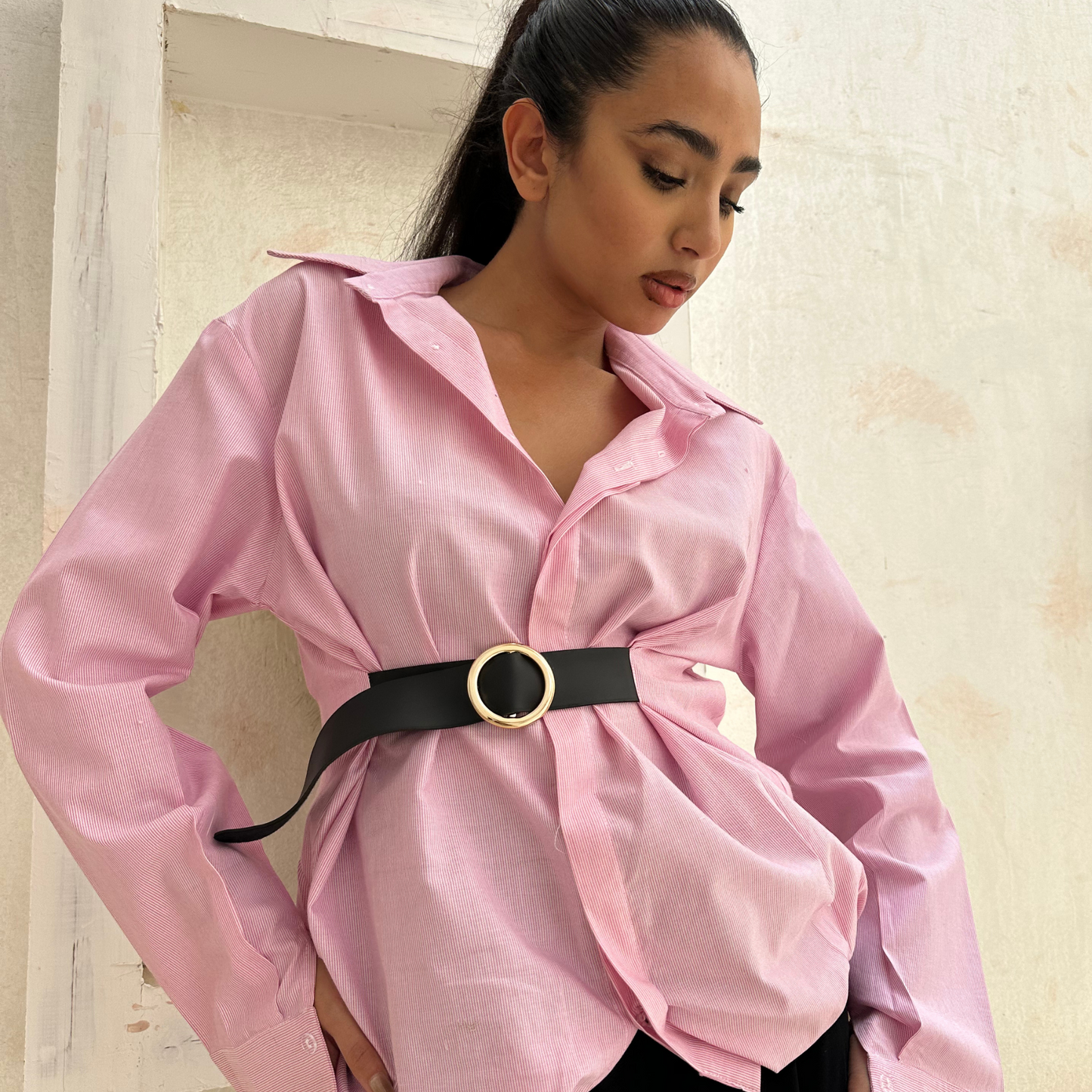 Pink Balloon Belted Cotton Shirt