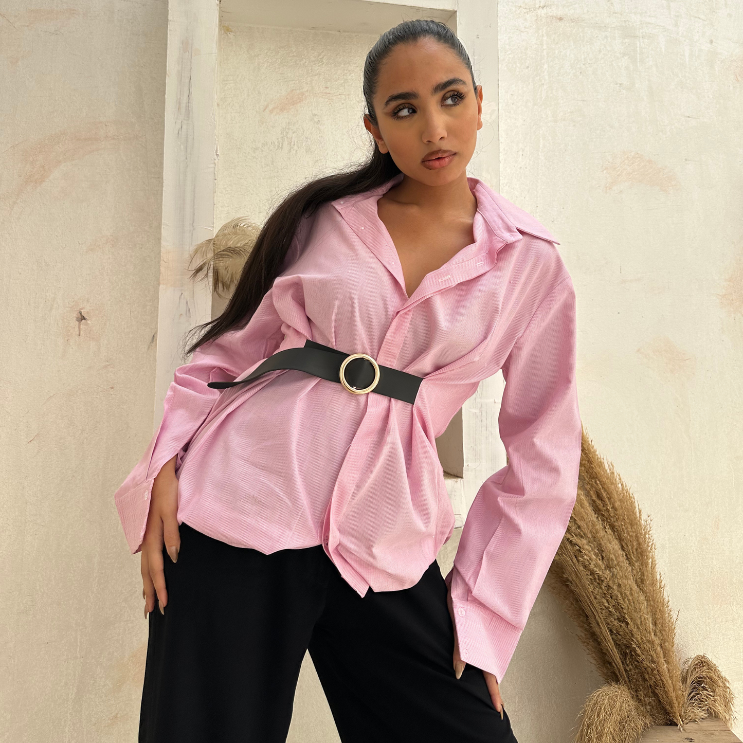 Pink Balloon Belted Cotton Shirt