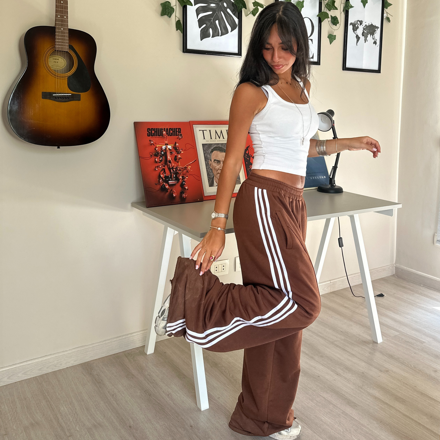 Wide-leg Brown Sweat Pants with Side Stripes