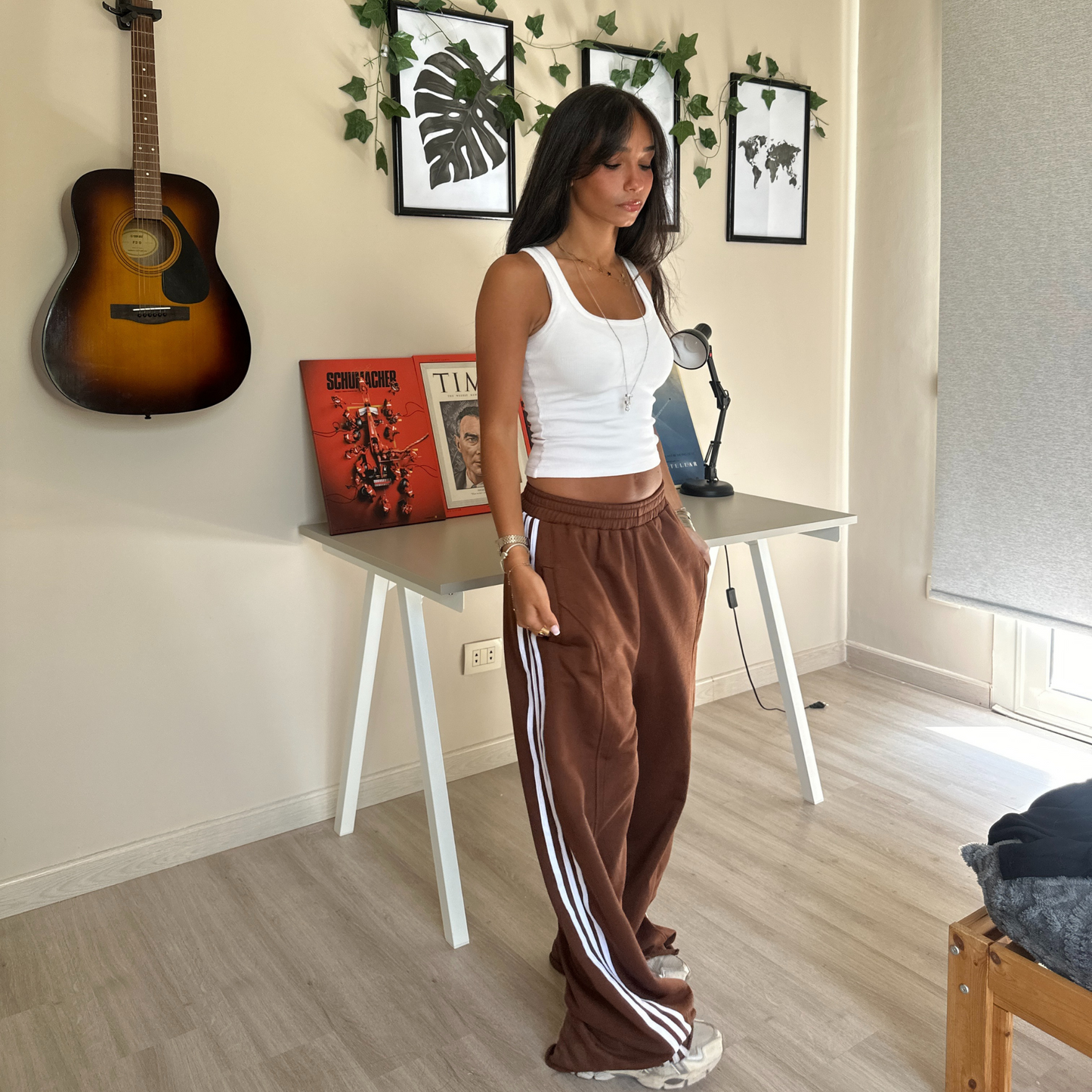 Wide-leg Brown Sweat Pants with Side Stripes