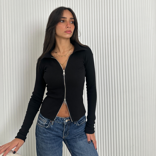 Black Double Zipper Ribbed Cardigan
