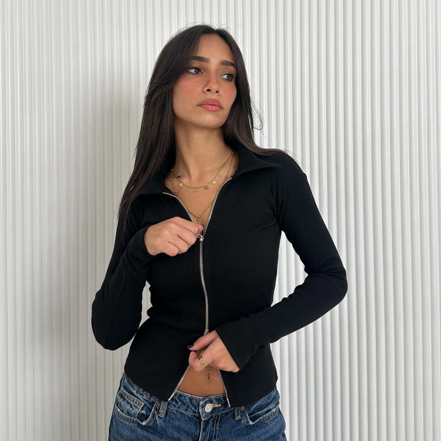 Black Double Zipper Ribbed Cardigan