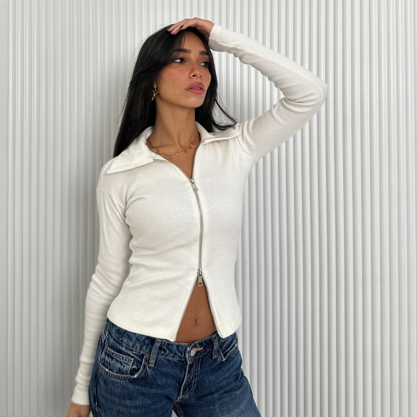 White Double Zipper Ribbed Cardigan