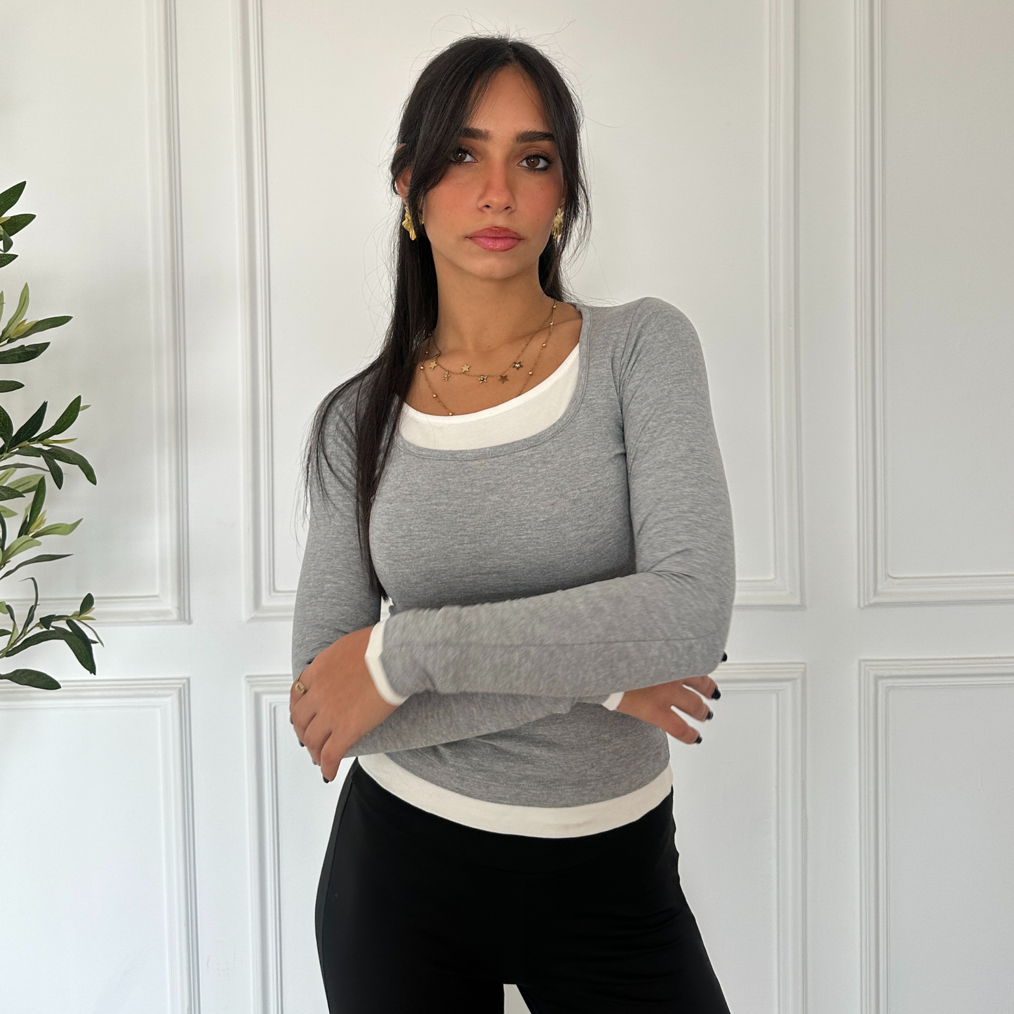 Grey Long Sleeve Top with White Neckline