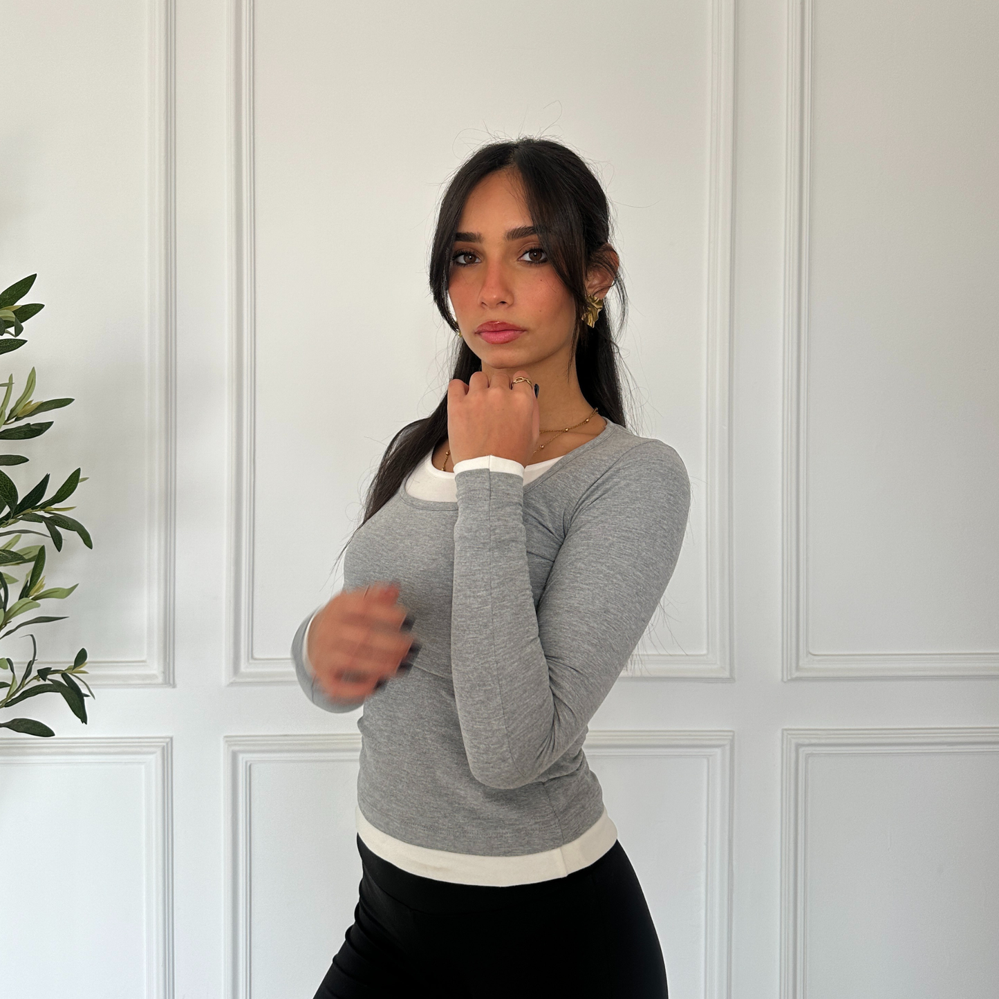 Grey Long Sleeve Top with White Neckline