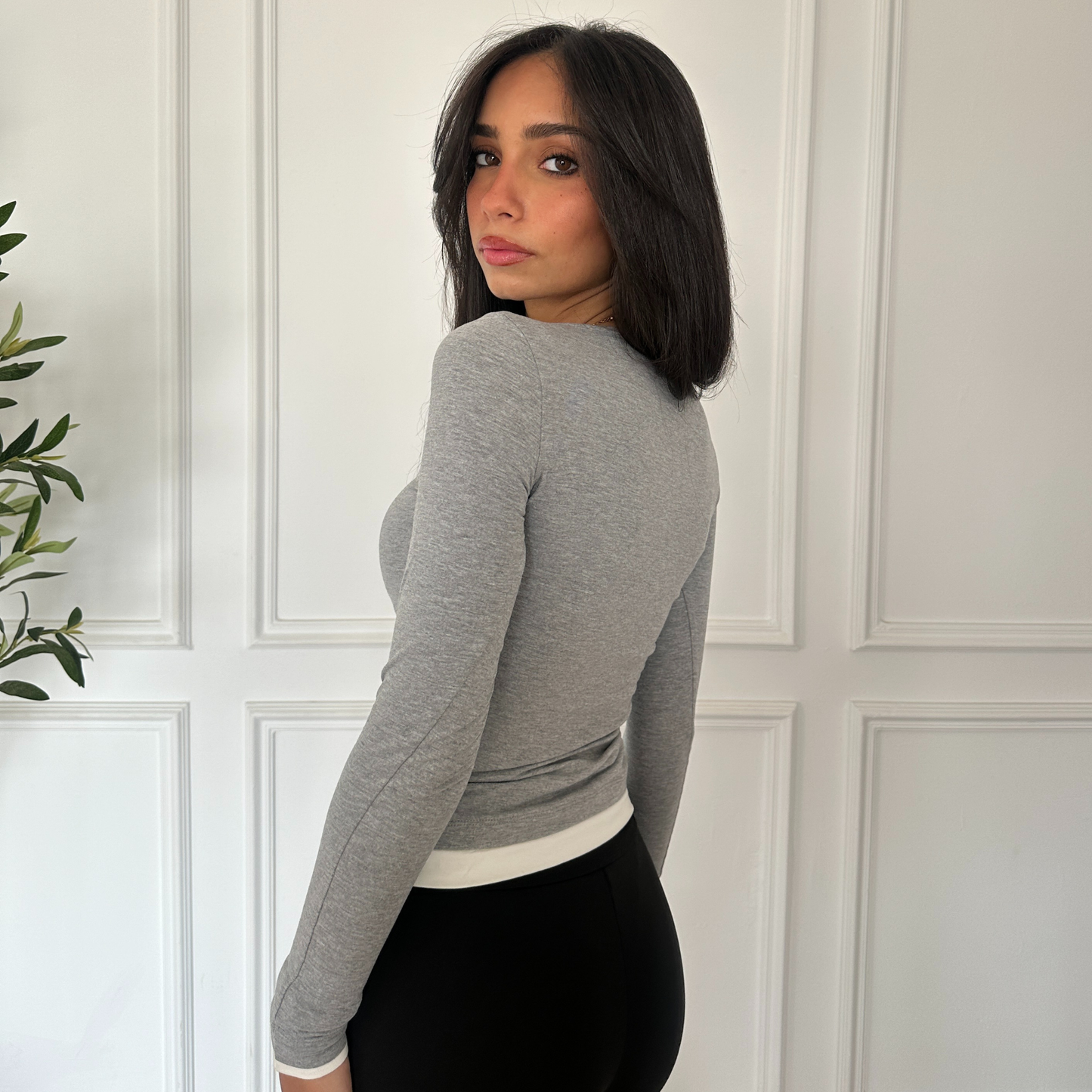 Grey Long Sleeve Top with White Neckline