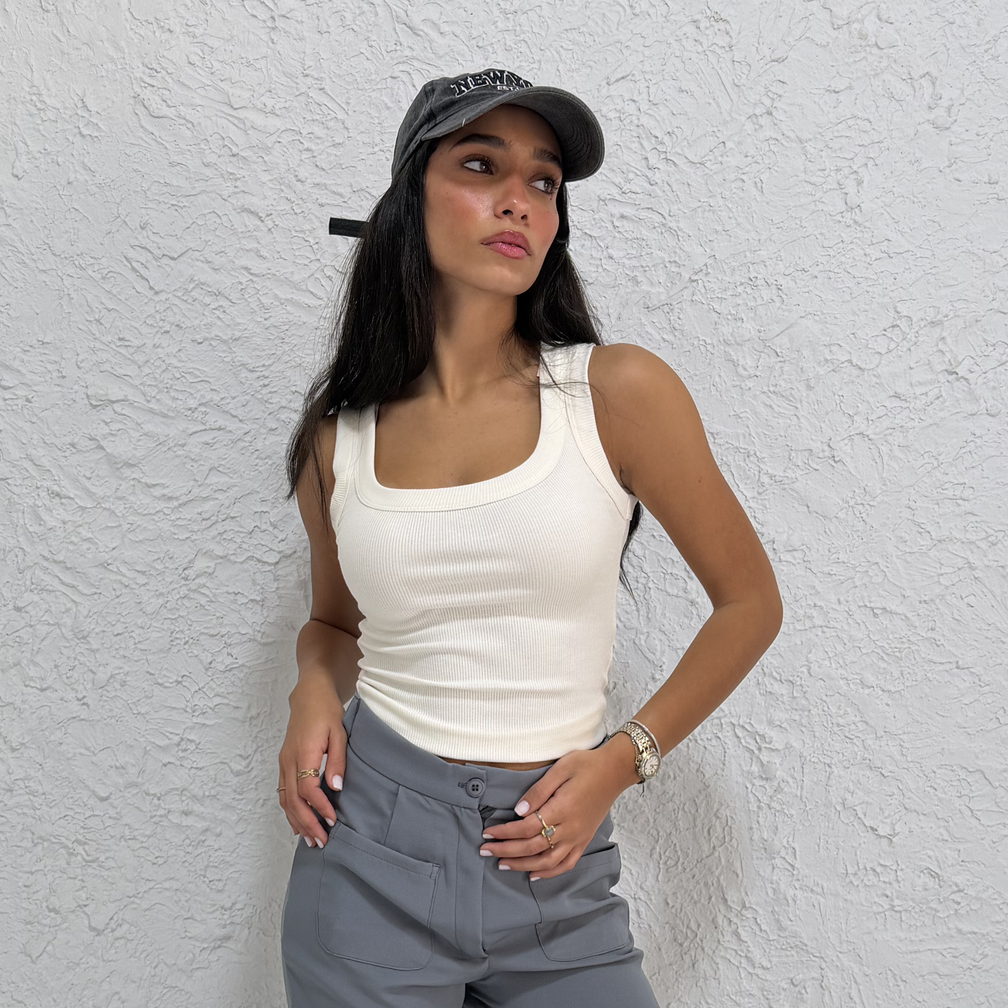 White Round Wide Ribbed Tank Top