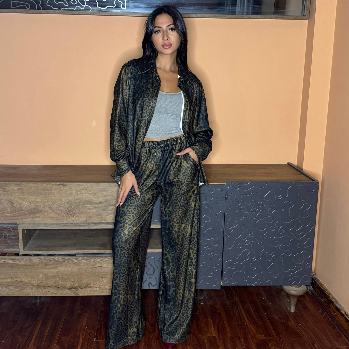 Winter Wide Leg Pants with Leopard  Print