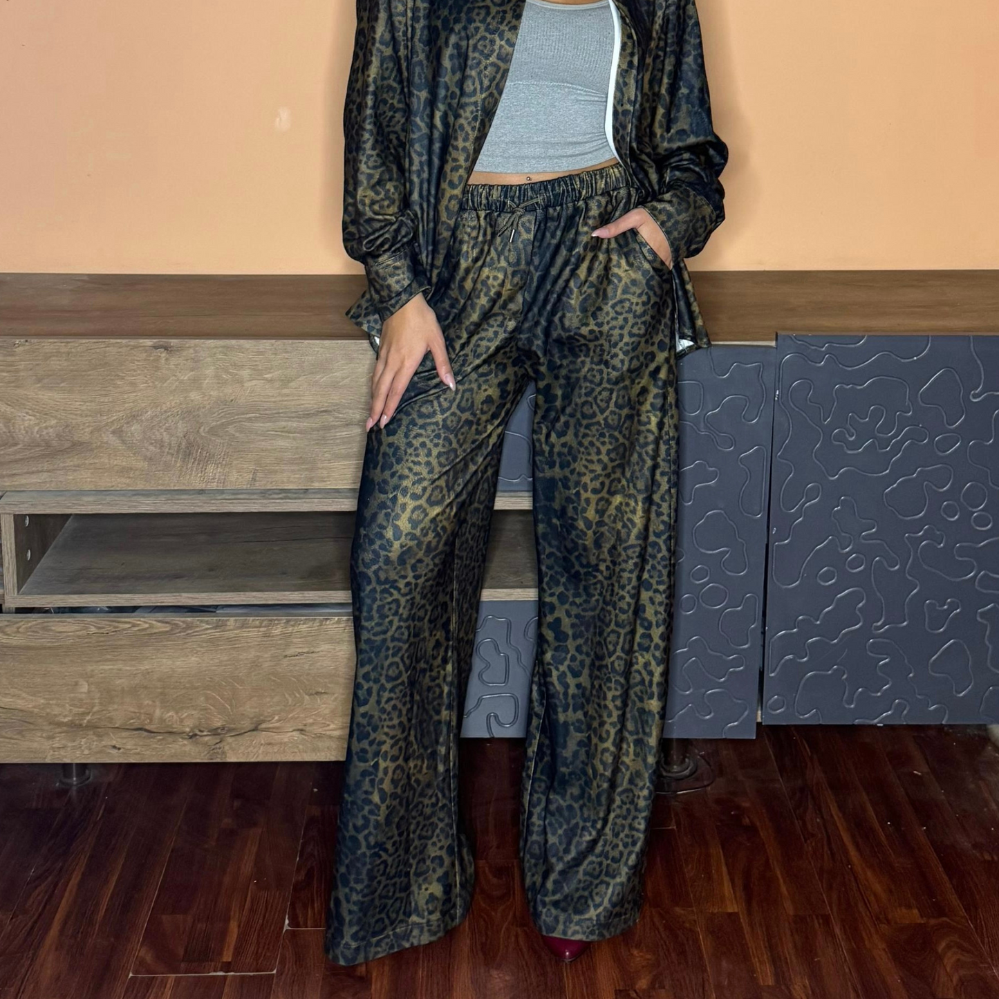 Winter Wide Leg Pants with Leopard  Print