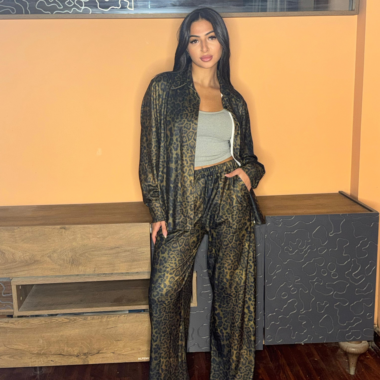 Winter Wide Leg Pants with Leopard  Print