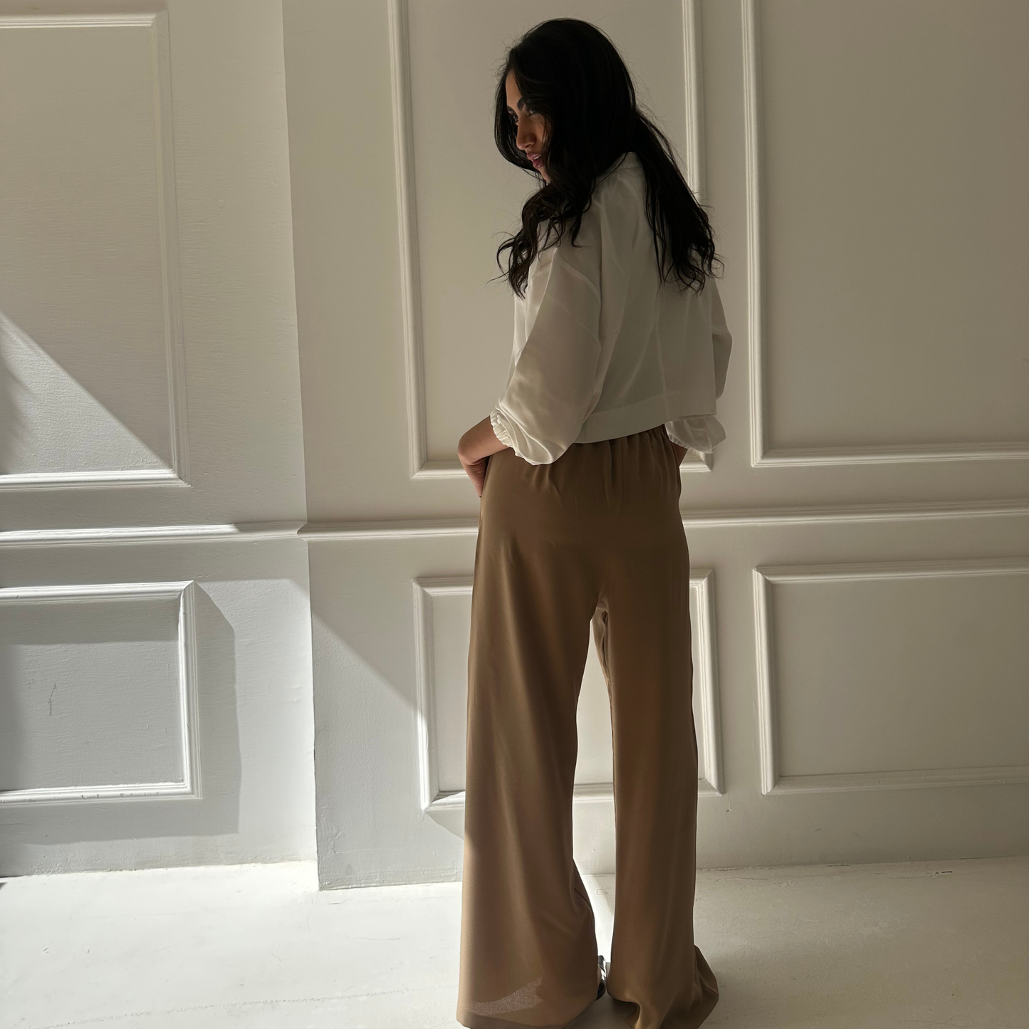 Beige Striped Wide-Leg Pants