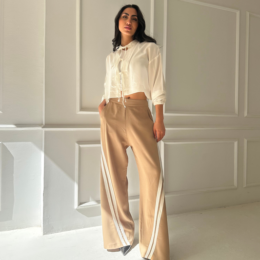Beige Striped  Wide-Leg Pants