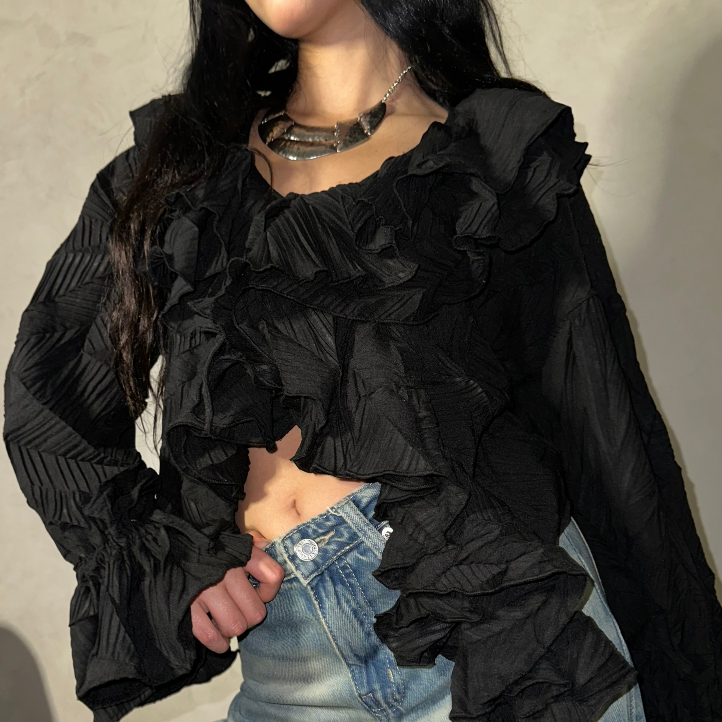 Black Ruffles chiffon blouse