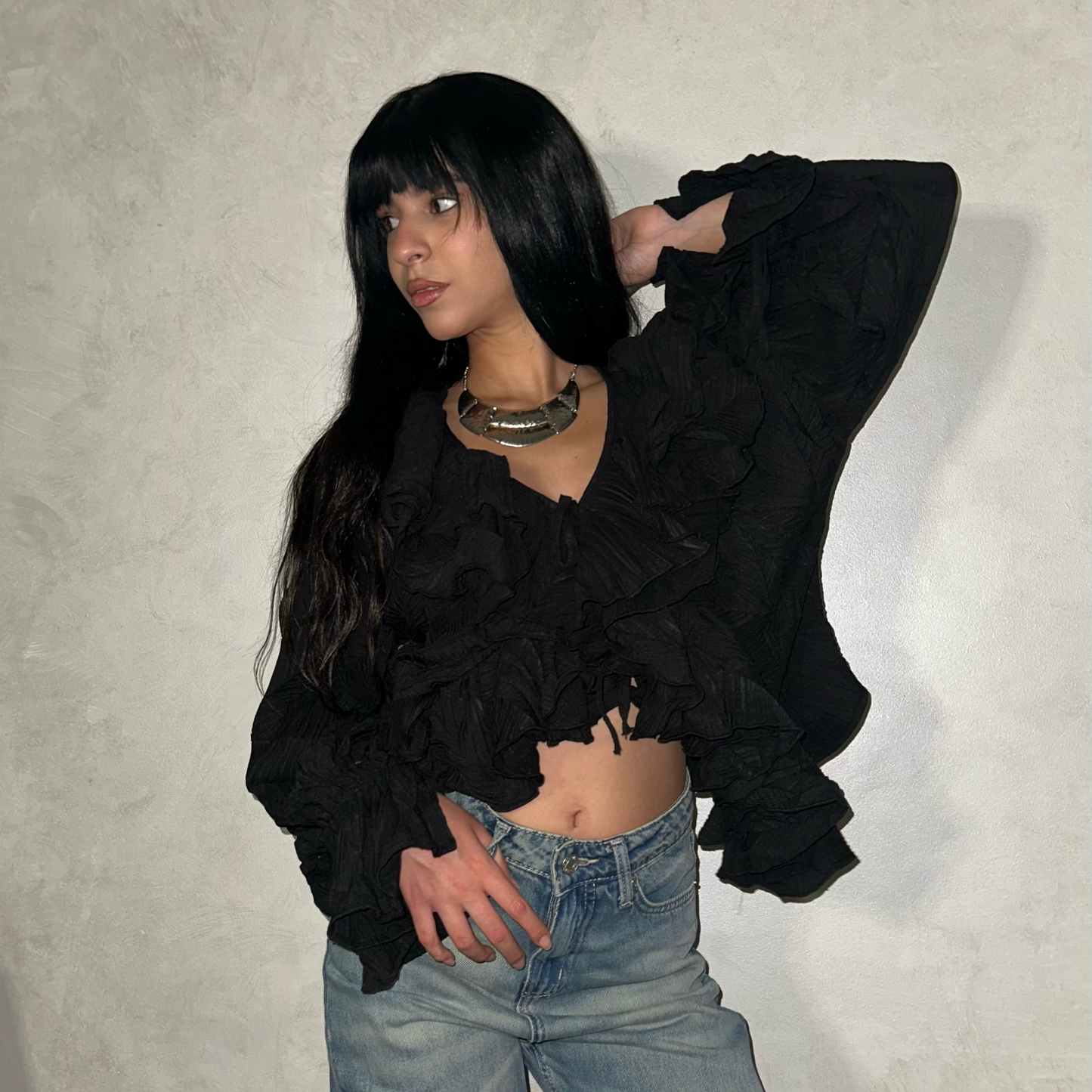 Black Ruffles chiffon blouse