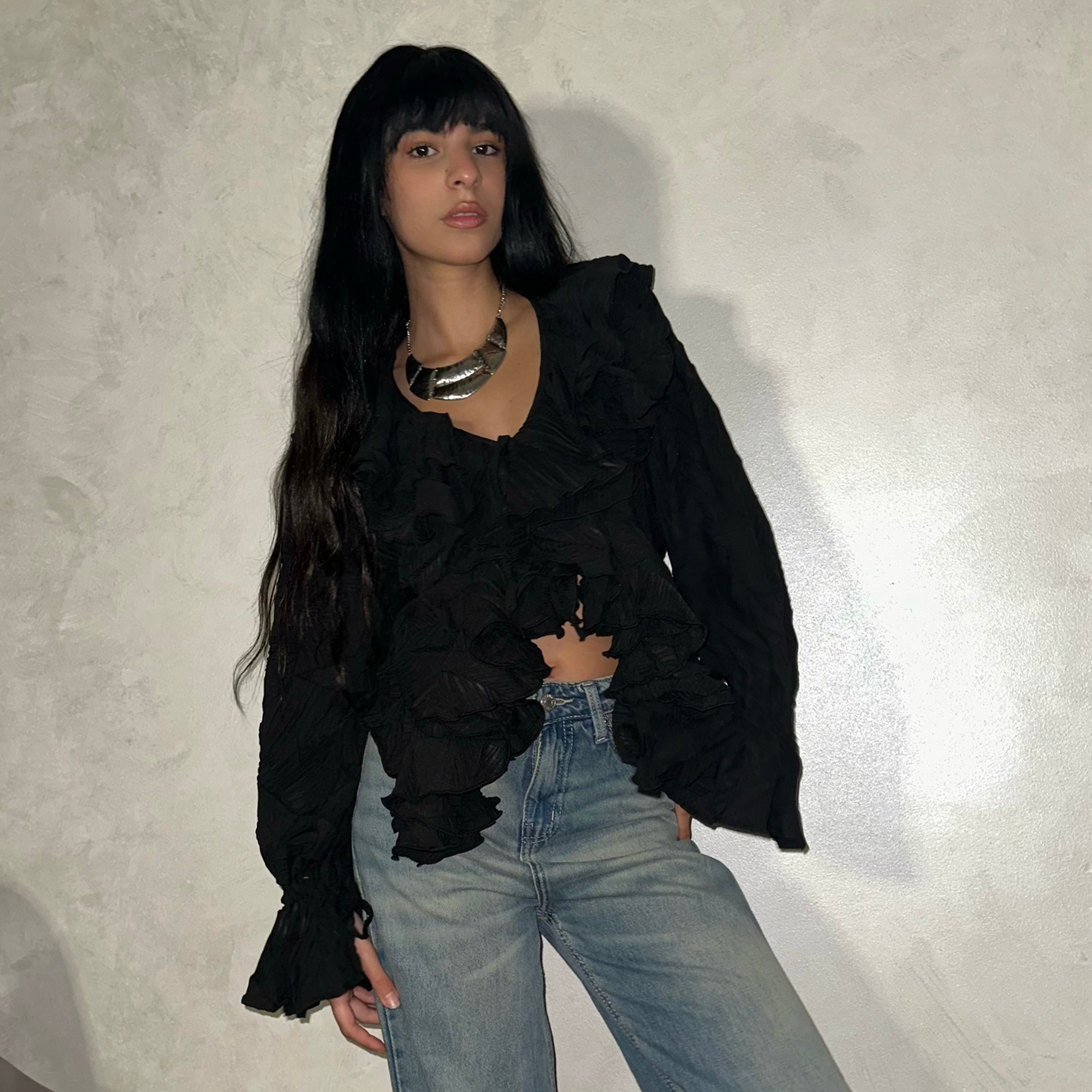 Black Ruffles chiffon blouse