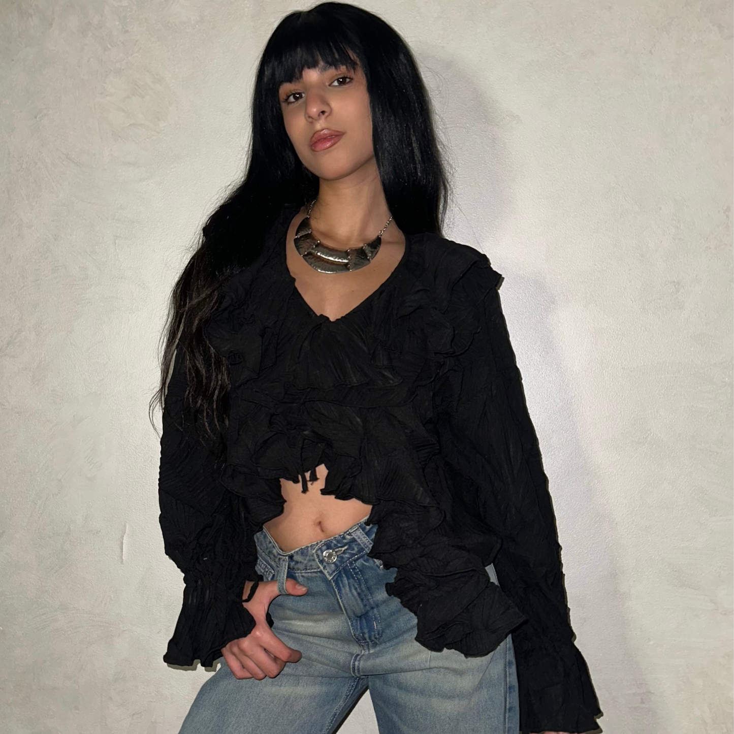 Black Ruffles chiffon blouse