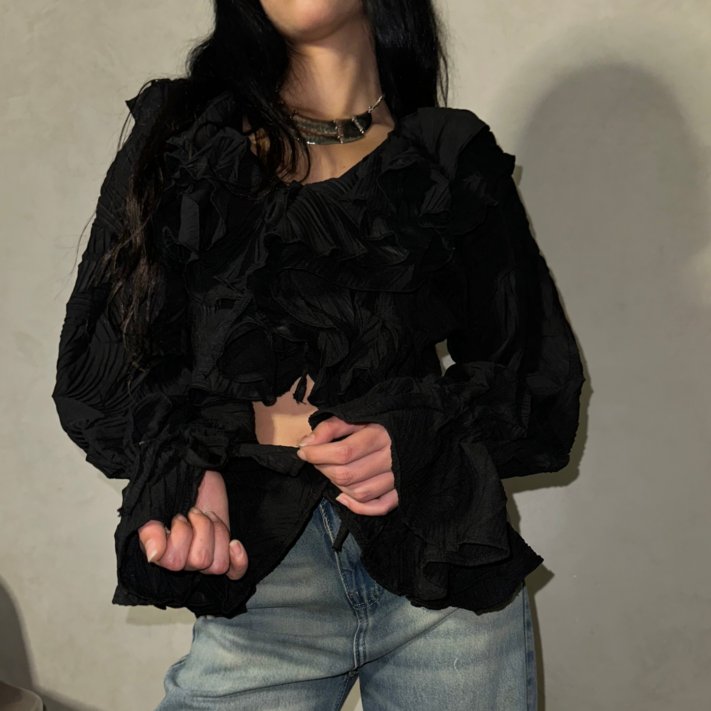 Black Ruffles chiffon blouse