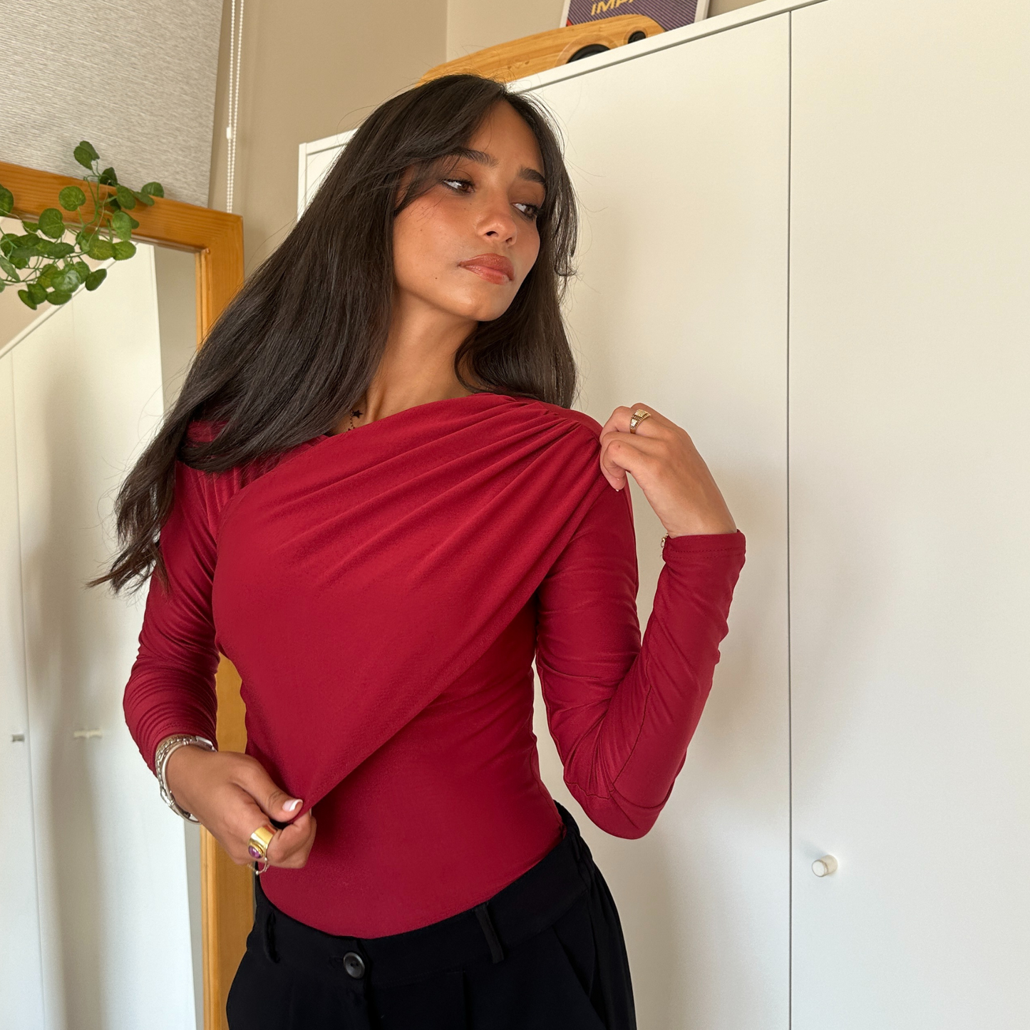 Burgundy Ruched Top Long -Sleeve