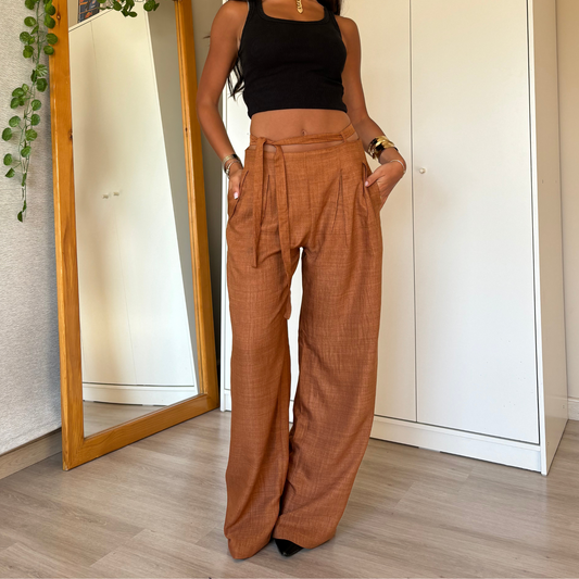 Brown  wide-leg pants with tie-waist detail