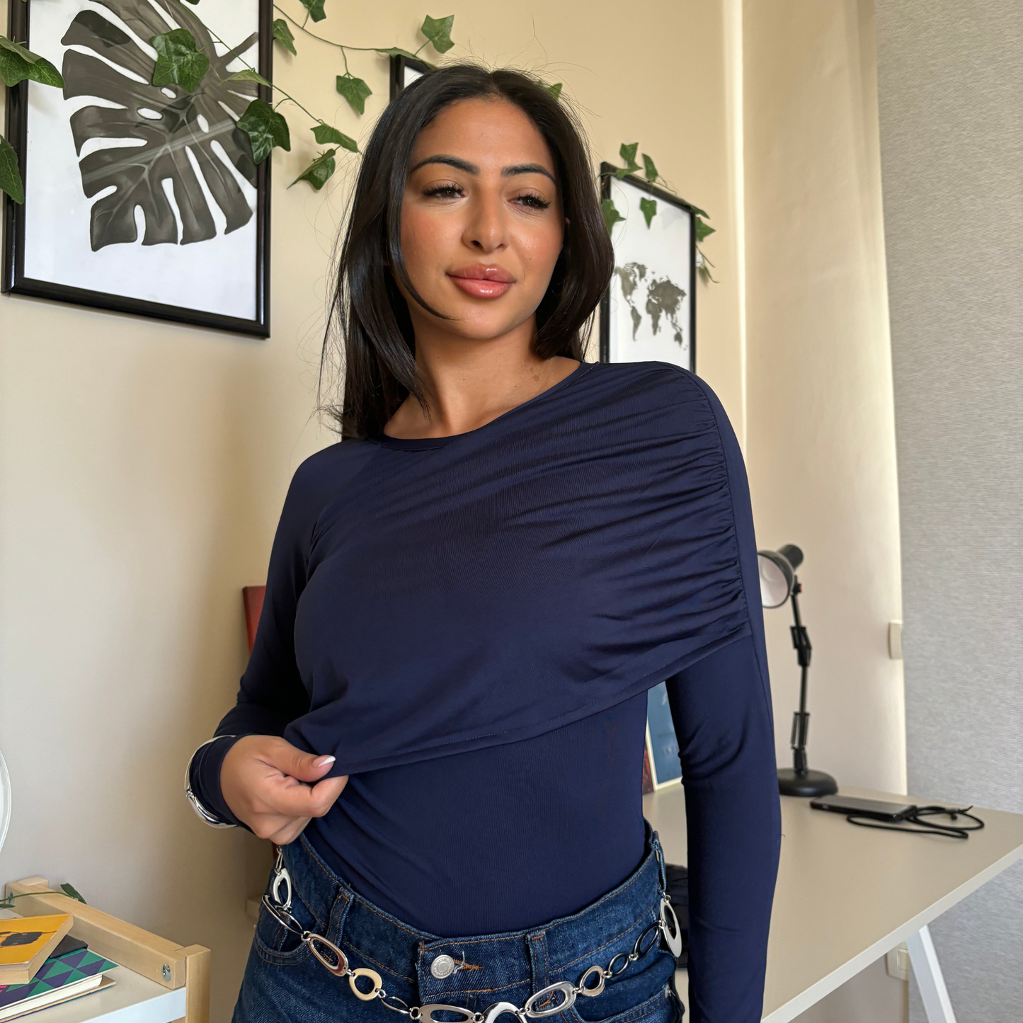Dark blue Ruched Top Long -Sleeve