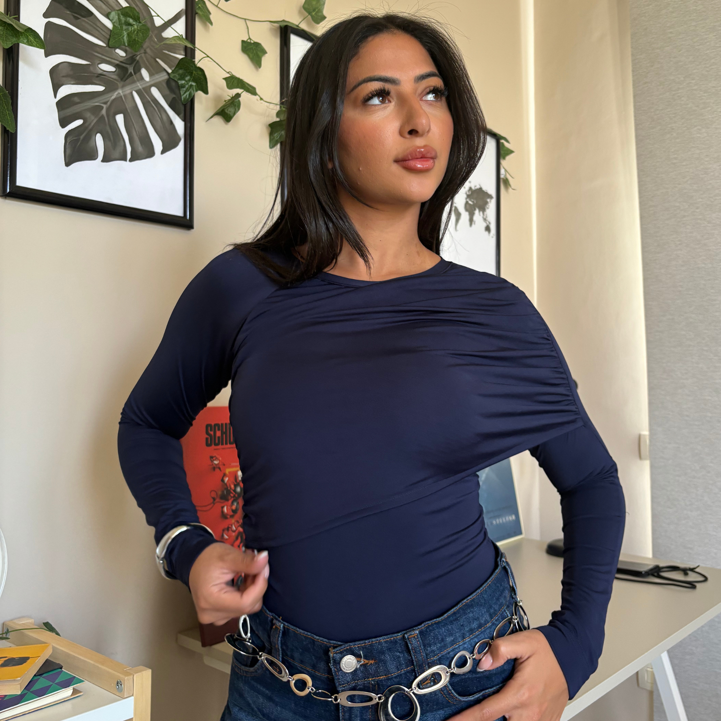 Dark blue Ruched Top Long -Sleeve