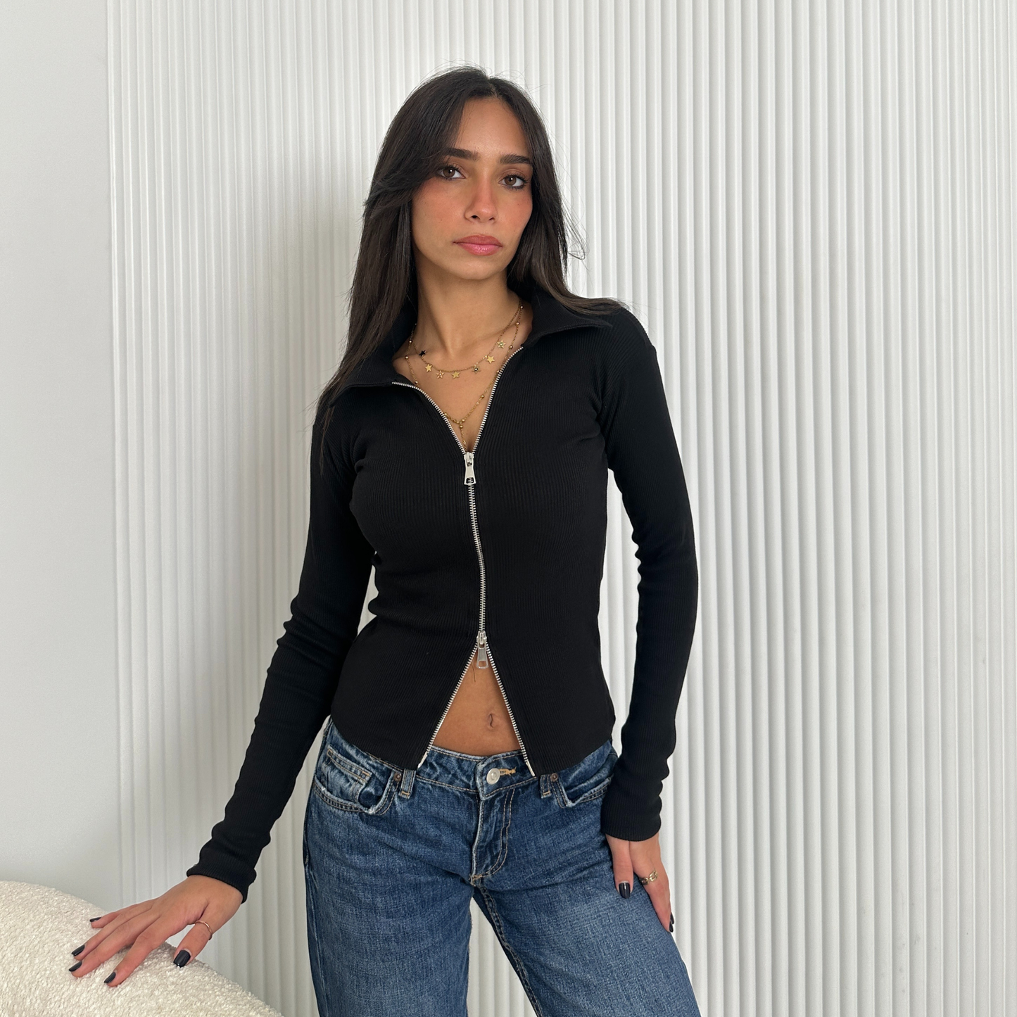 Black Double Zipper Ribbed Cardigan