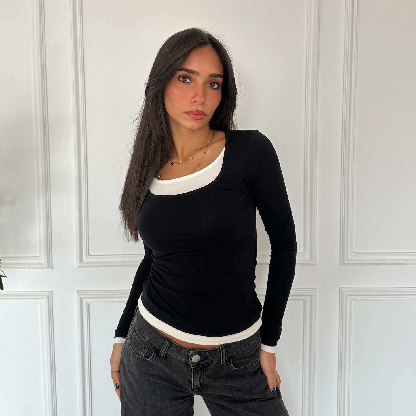 Black Long Sleeve Top with White Neckline