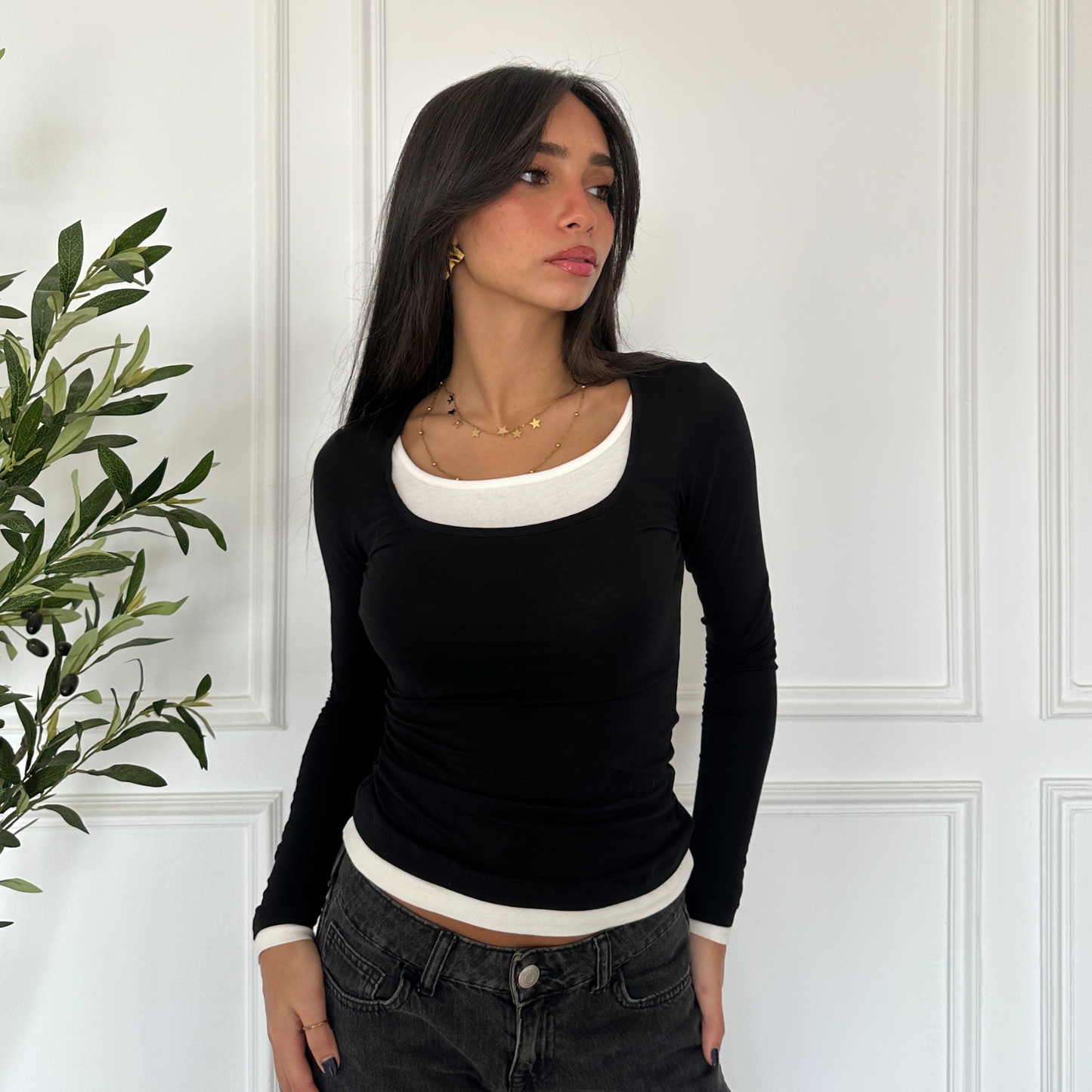 Black Long Sleeve Top with White Neckline