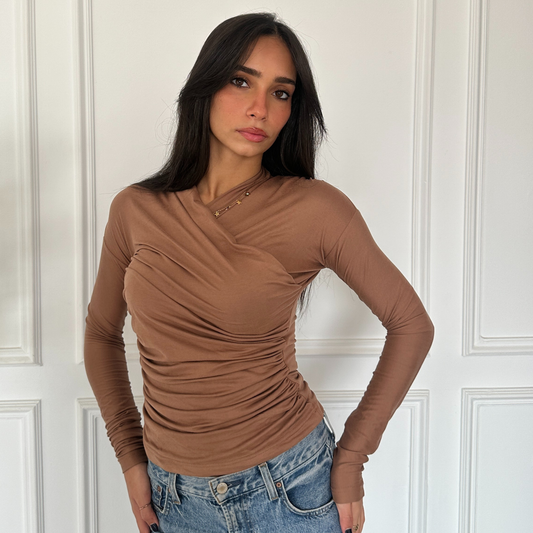 Brown  long sleeves wrap top(NEW)