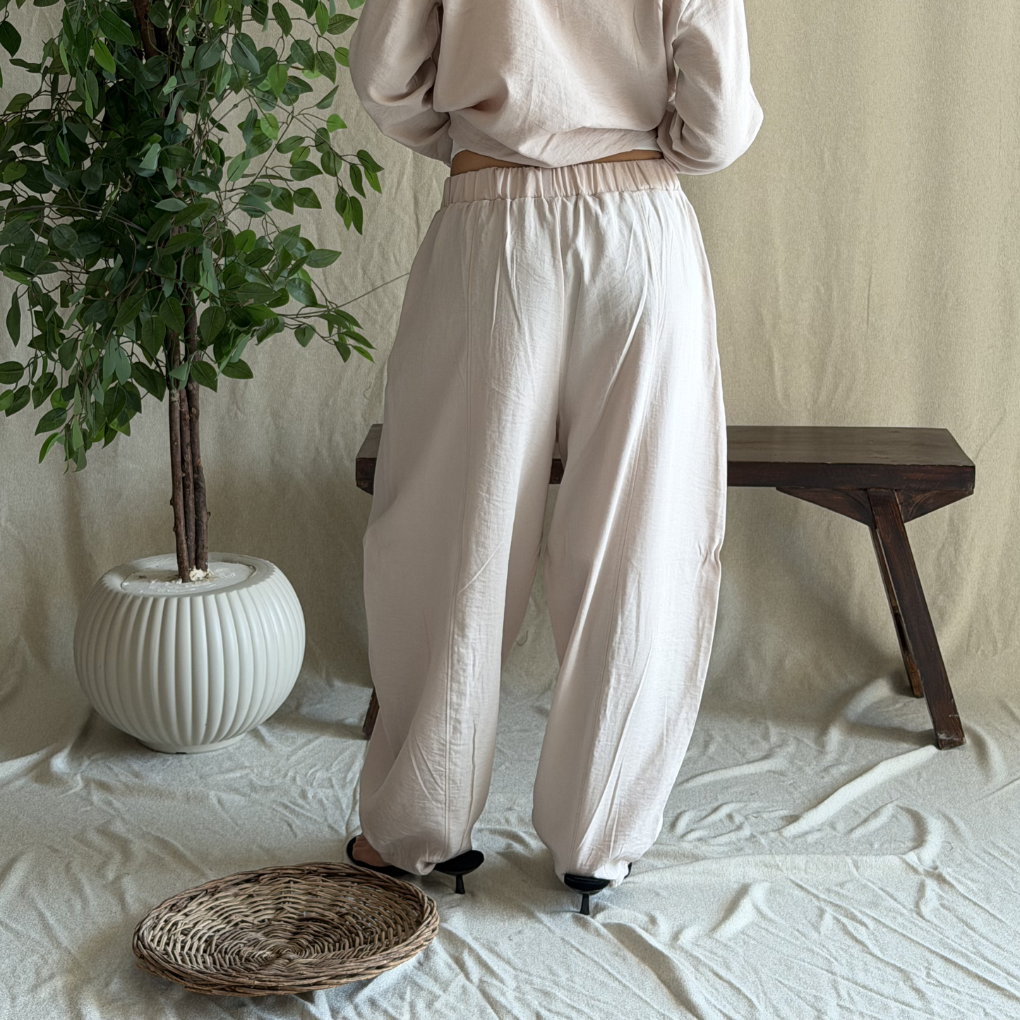 Beige Linen Drawstring pants