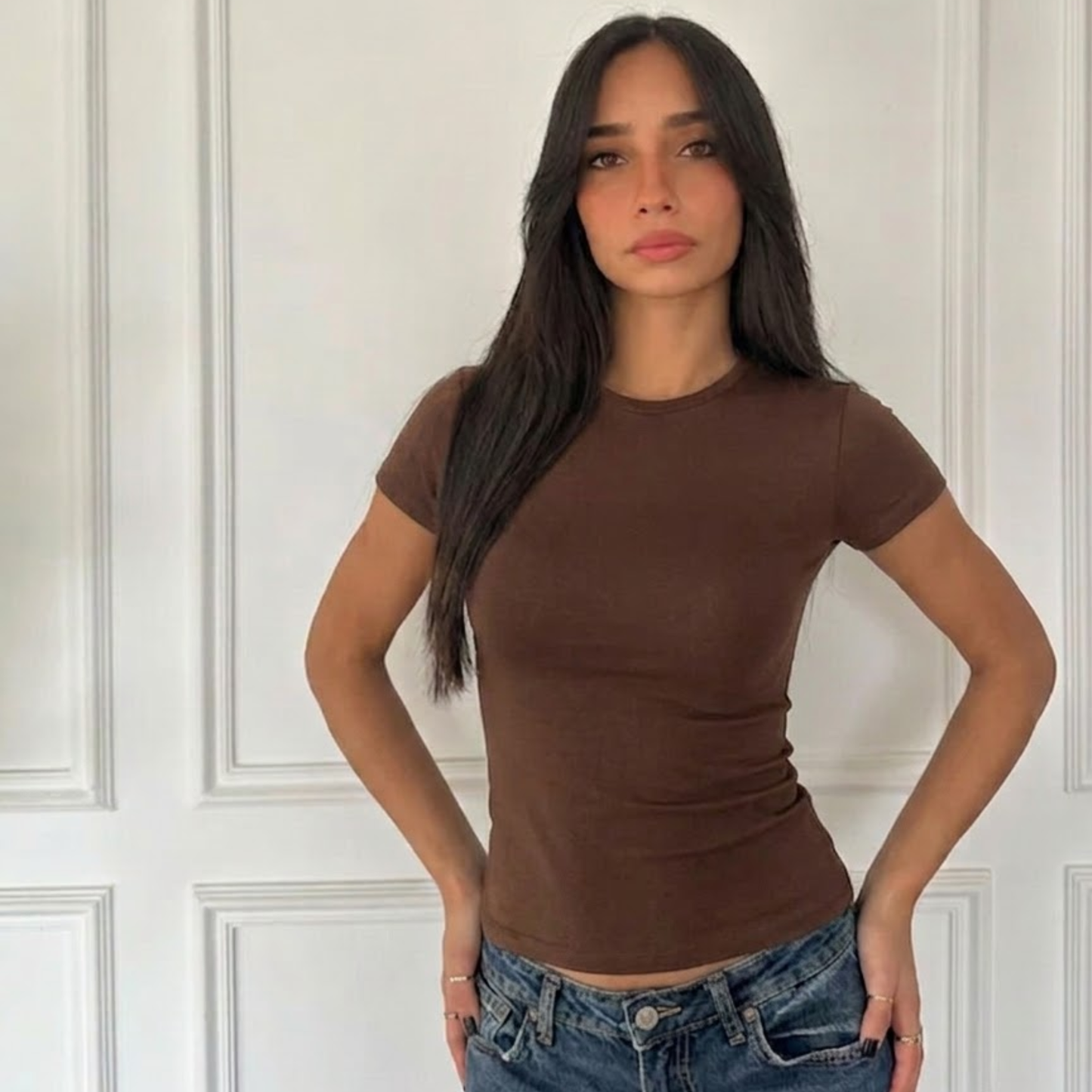 Brown Basic Short Sleeve Top