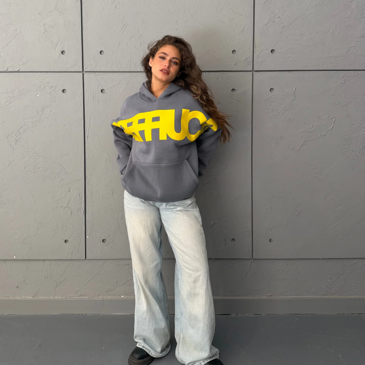 Gray & Yellow Oversized Printed Hoodie
